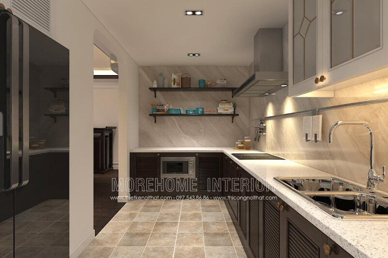 Trang trí nội thất phòng bếp đẹp với tủ bếp hiện đại, phần mặt bếp được gia chủ lựa chọn ốp đá nhân tạo solid surface LG giúp cho người nấu dễ dàng lau chùi và vệ sinh hơn Thiết kế và sản xuất tủ bếp đẹp