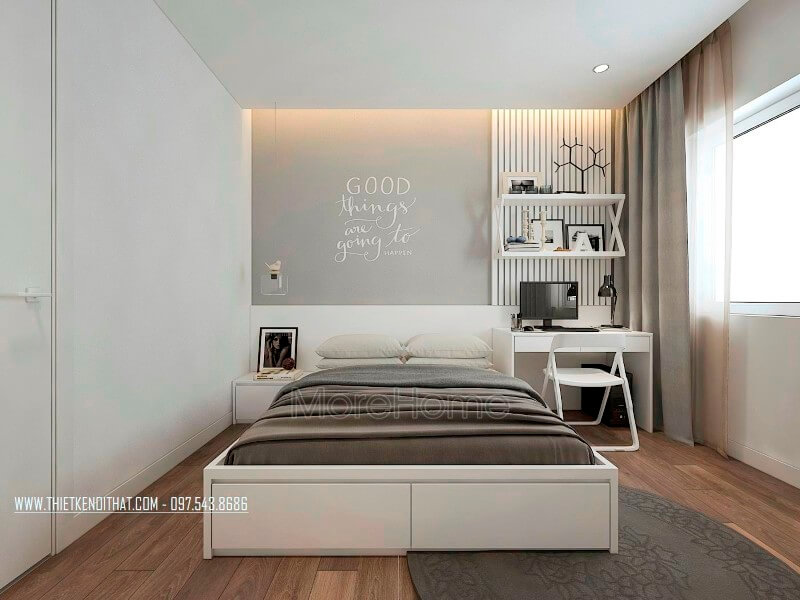 Nội thất trong phòng ngủ của con đều được thiết kế và thi công bằng chất liệu gỗ công nghiệp MDF phun sơn chống ẩm của An Cường. Mẫu nội thất chung cư đẹp