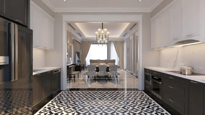 Tủ bếp gỗ công nghiệp kiểu dáng chữ i được đặt song song, khu vực sơ chế thực phẩm và khu vực bếp nóng được bố trí hợp lí tạo cho gia chủ thuận tiện hơn trong quá trình nấu nướng Tủ bếp hiện đại đẹp