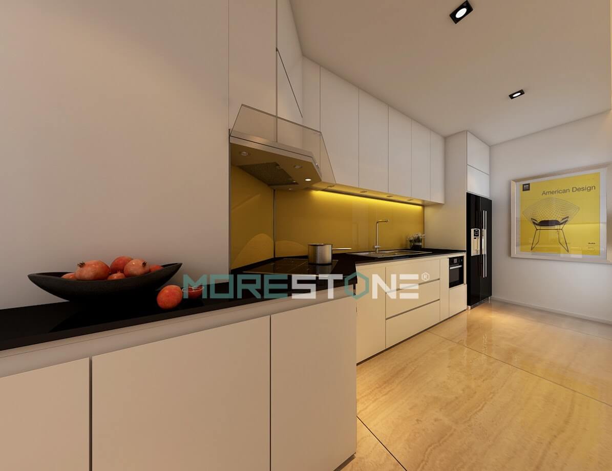 Đá bếp nhân tạo màu đen có độ bóng cao, đảm bảo vệ sinh và độ bền màu Tủ bếp hiện đại đẹp