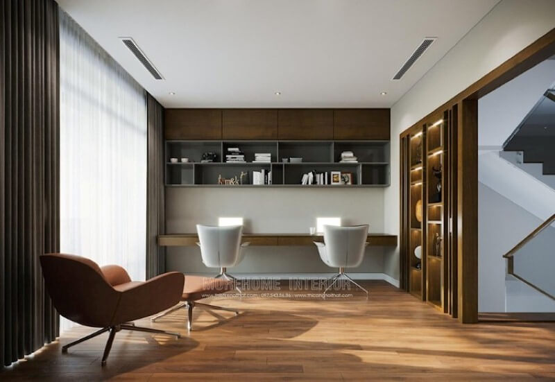 Kệ trang trí thiết kế đơn giản với các nhiêu ô để đồ giúp bạn lưu trữ đồ gọn gàng ngăn nắp dành cho 2 người. Thiết kế nội thất chung cư