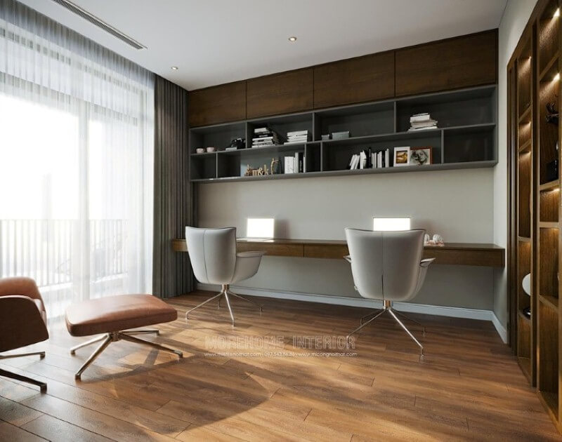 Kệ ốp tường với nhiều ngăn sẽ là lựa chọn giúp bạn lưu trữ đồ một cách khoa học trong phòng học. Thiết kế nội thất chung cư