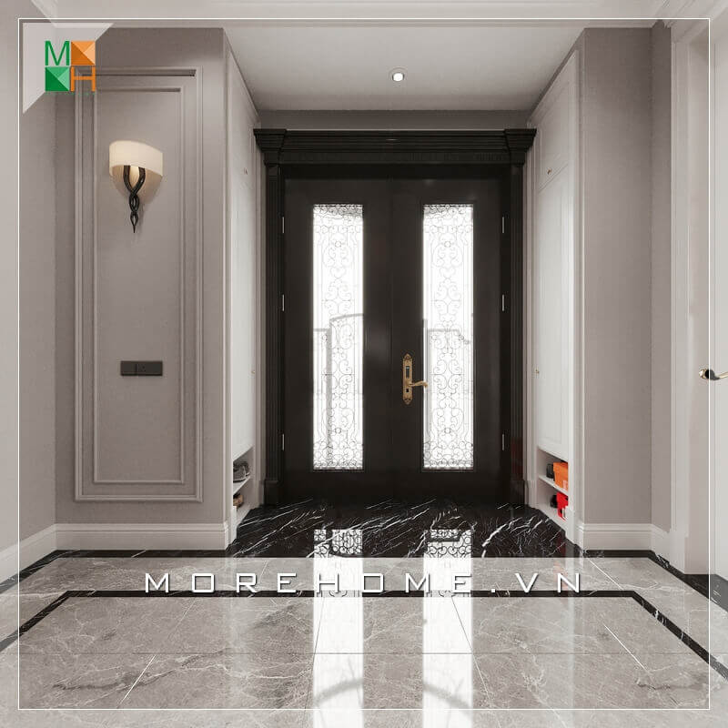 Mẫu thiết kế cửa gỗ tự nhiên màu đen hai cánh đẹp và sang trọng cho chung cư, nhà phố, biệt thự. Thiết kế nội thất chung cư