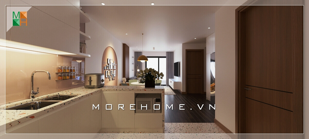 Với những ngôi nhà chung cư có diện tích khiêm tốn thì đây là mẫu thiết kế bếp phù hợp, dù thiết kế khá đơn giản nhưng vẫn đảm bảo tính tiện nghi. Thiết kế phòng bếp chung cư