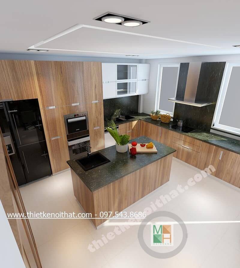 Mẫu tủ bếp chữ L gỗ công nghiệp kết hợp đá ốp bàn bếp màu đen cao cấp, đẹp hiện đại Tủ bếp đẹp