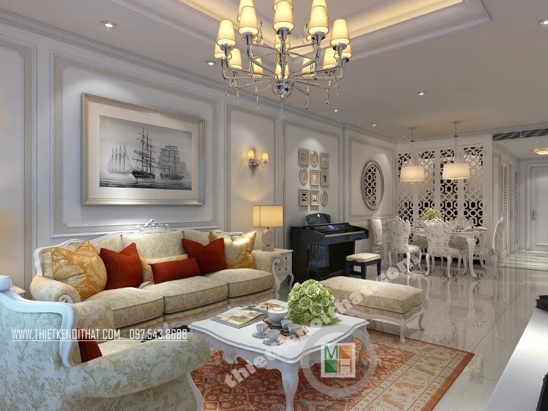 Bộ sofa tân cổ điển với chất liệu khung gỗ tự nhiên phun sơn trắng cao cấp đã để lại ấn tượng sâu sắc cho bất cứ ánh mắt nào khi nhìn vào sofa tân cổ điển