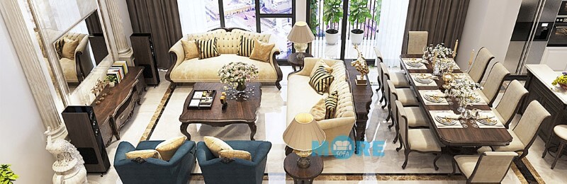 Hoàn thiện, bàn giao bộ sofa Tân cổ điển MS-007 gỗ tự nhiên Óc chó, bọc nỉ cao cấp nhập khẩu tại chung cư Vinhomes Gardenia đẹp sofa tân cổ điển