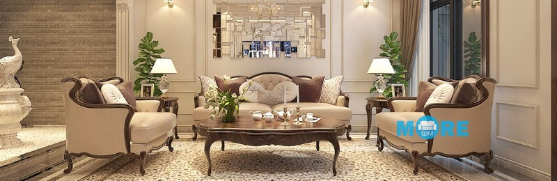 Sofa tân cổ điển MS-020 gỗ tự nhiên Óc chó, bọc da thật nhập khẩu cho chung cư, biệt thự sang trọng sofa tân cổ điển