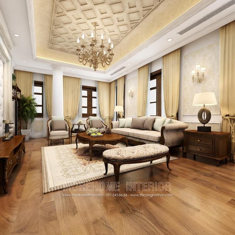 Sofa tân cổ điển gỗ tự nhiên óc chó bọc nỉ hoa văn cao cấp kết hợp cùng bàn trà, kệ ti vi, tab tạo nên tổng thể phòng khách hoàn chỉnh sofa tân cổ điển