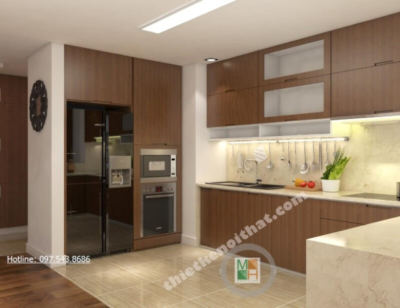 Tủ bếp đẹp kết hợp tủ bát và kệ gia vị đem đến một phòng bếp đầy đủ công năng Tủ bếp hiện đại