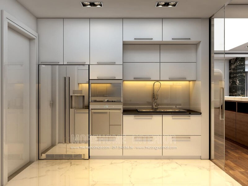 Tủ bếp chữ i được làm từ gỗ An Cường màu trắng với lối thiết kế kịch trần tạo nên không gian bếp thoáng rộng hơn Tủ bếp hiện đại