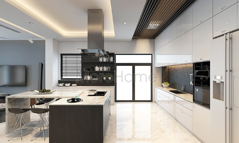 Trang trí chung cư với tủ bếp hiện đại màu trắng, bề mặt bếp được ốp đá nhân tạo cao cấp đảm bảo luôn sang trọng và sạch sẽ Tủ bếp hiện đại