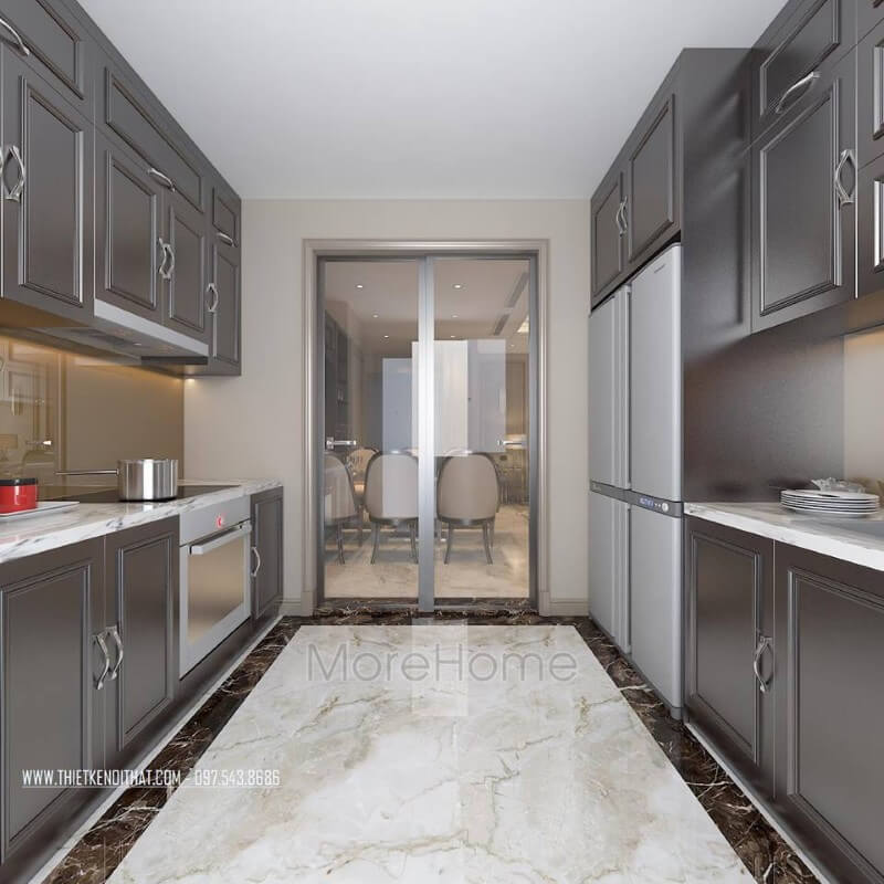 Chất liệu gỗ công nghiệp được áp dụng trong hầu hết các không gian bếp của căn hộ chung cư, bởi nó nhẹ nhàng, đa năng và dễ thi công lắp đặt Thiết kế chung cư