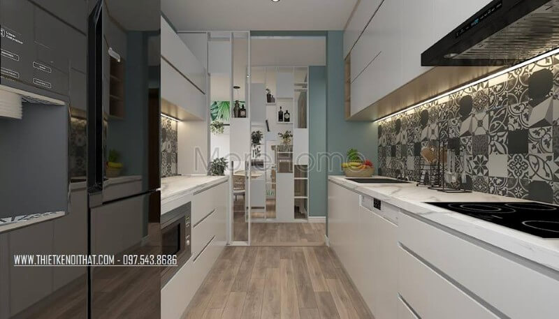 Căn hộ sở hữu diện tích tương đối nhỏ, thiết kế bếp âm tường tiết kiệm diện tích, đồ nội thất đa năng đáp ứng nhu cầu người nội trợ. Thiết kế chung cư