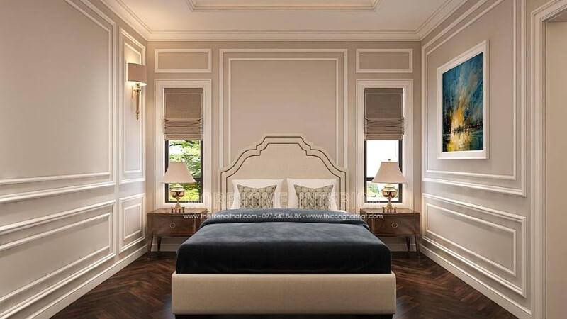 Sắp xếp nội thất phòng ngủ tân cổ điển sang trọng, thông thoáng với hệ cửa đầu giường giúp không gian luôn được thông thoáng. Thiết kế phòng ngủ nhà phố