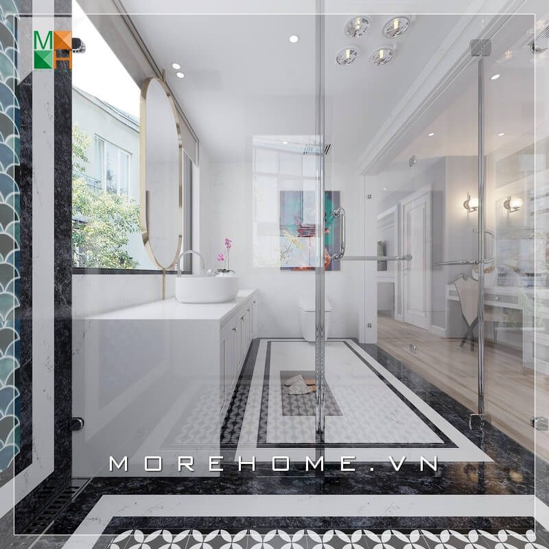 Ấn tượng mẫu thiết kế nhà tắm sử dụng chủ yếu là kính hiện đại làm tăng vẻ thông thoáng và thư giãn hơn cho gia chủ.