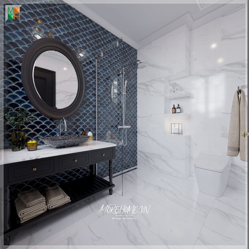 Khu vực tắm được ngăn cách bằng vách tắm kính cường lực giúp phòng tắm luôn khô ráo sạch sẽ