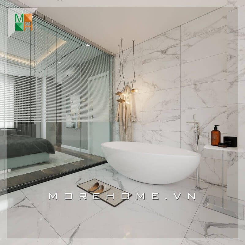 Thiết kế vách kính ngăn cách giữa phòng ngủ với nhà vệ sinh đẹp.