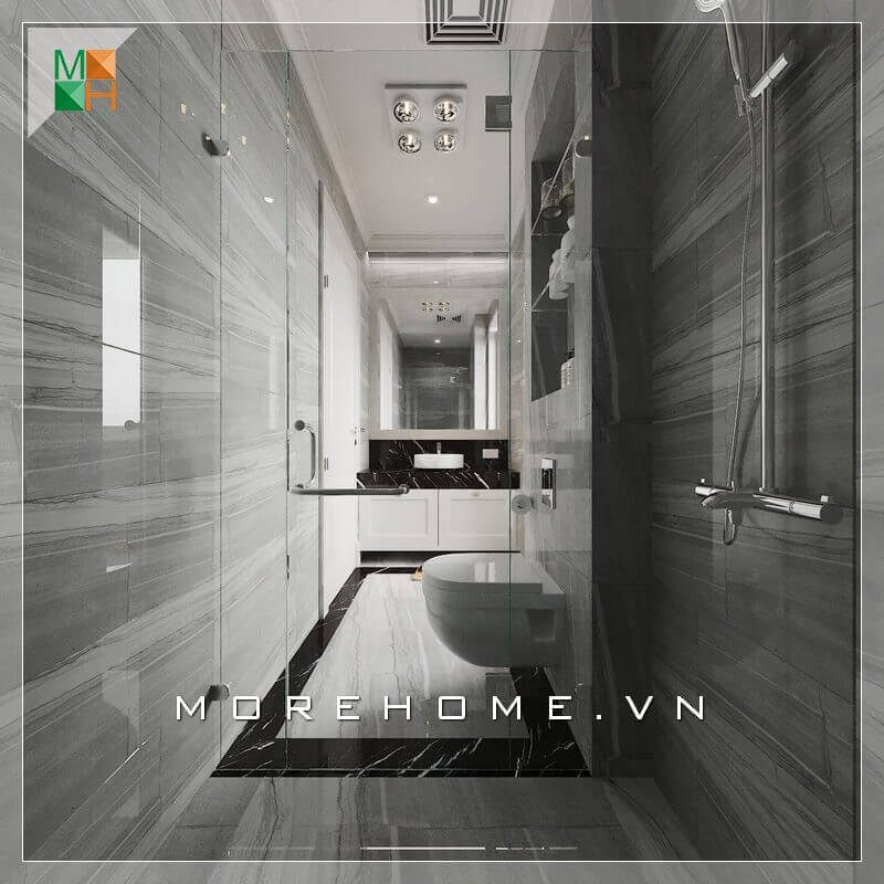 Thiết kế thông minh giữa nhà tắm và nhà vệ sinh liền kề nhưng được ngăn cách bằng kính cường lực trong suốt giúp căn phòng trở nên sang trọng và tiện nghi hơn.