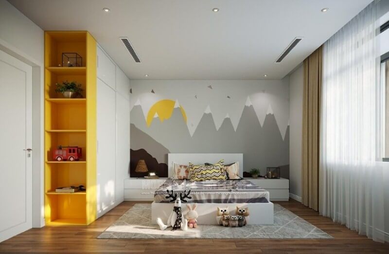 Tranh dán tường mặt trời màu vàng nổi bật giúp không gian phòng bé trở nên sinh động và độc đáo.