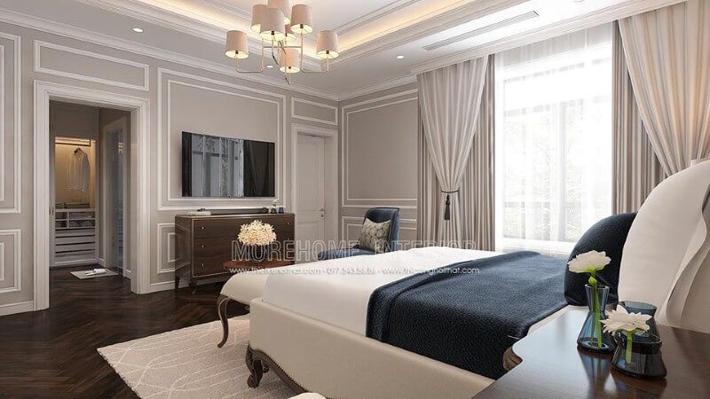 Trang trí nội thất phòng ngủ master tân cổ điển sử dụng gam màu trắng chủ đạo sẽ là lựa chọn ấn tượng cho chủ nhà mệnh Kim.