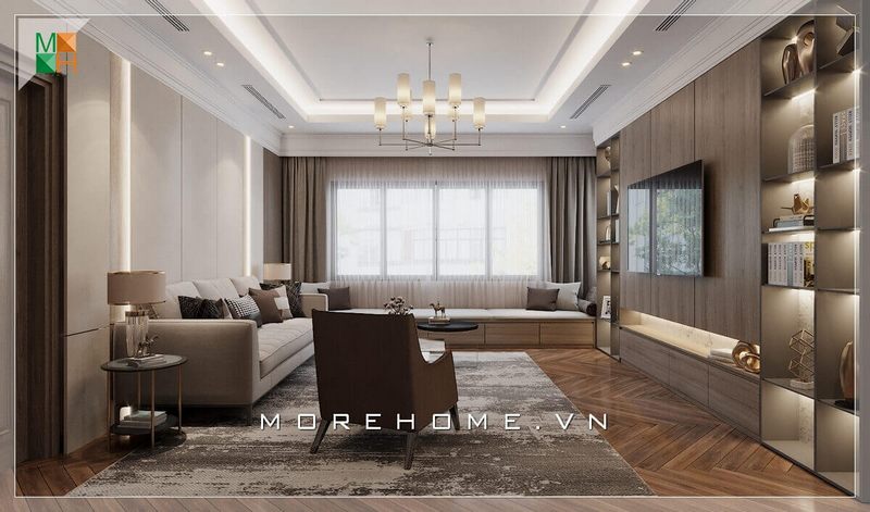 Ấn tượng với thiết kế phòng khách sáng tạo từ KTS Morehome khi đặt thêm bục ghế ngồi bên cửa sổ. Thiết kế đơn giản này là một cách để gia tăng thêm chỗ ngồi cho những không gian nhỏ. Đây có thể trở thành nơi để bé yêu vui chơi hay nơi để bạn ngồi thư giãn, ngắm cảnh hay đọc sách yên tĩnh