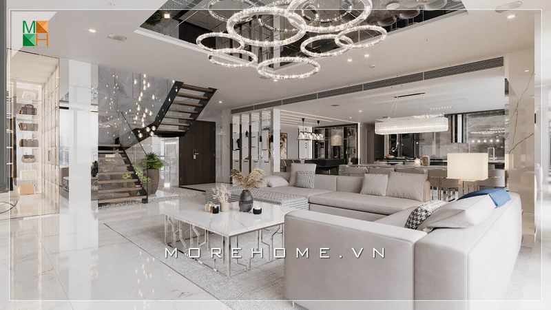 Mẫu thiết kế phòng khách dành cho biệt thự phong cách hiện đại, với đồ nội thất tông màu trắng xám vô cùng sang trọng cao cấp