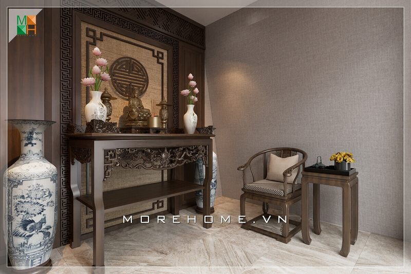 Ấn tượng mẫu chạm khắc tinh tế và sáng tạo của bàn thờ nhưng không làm mất đi vẻ truyền thống không gian tâm linh.
